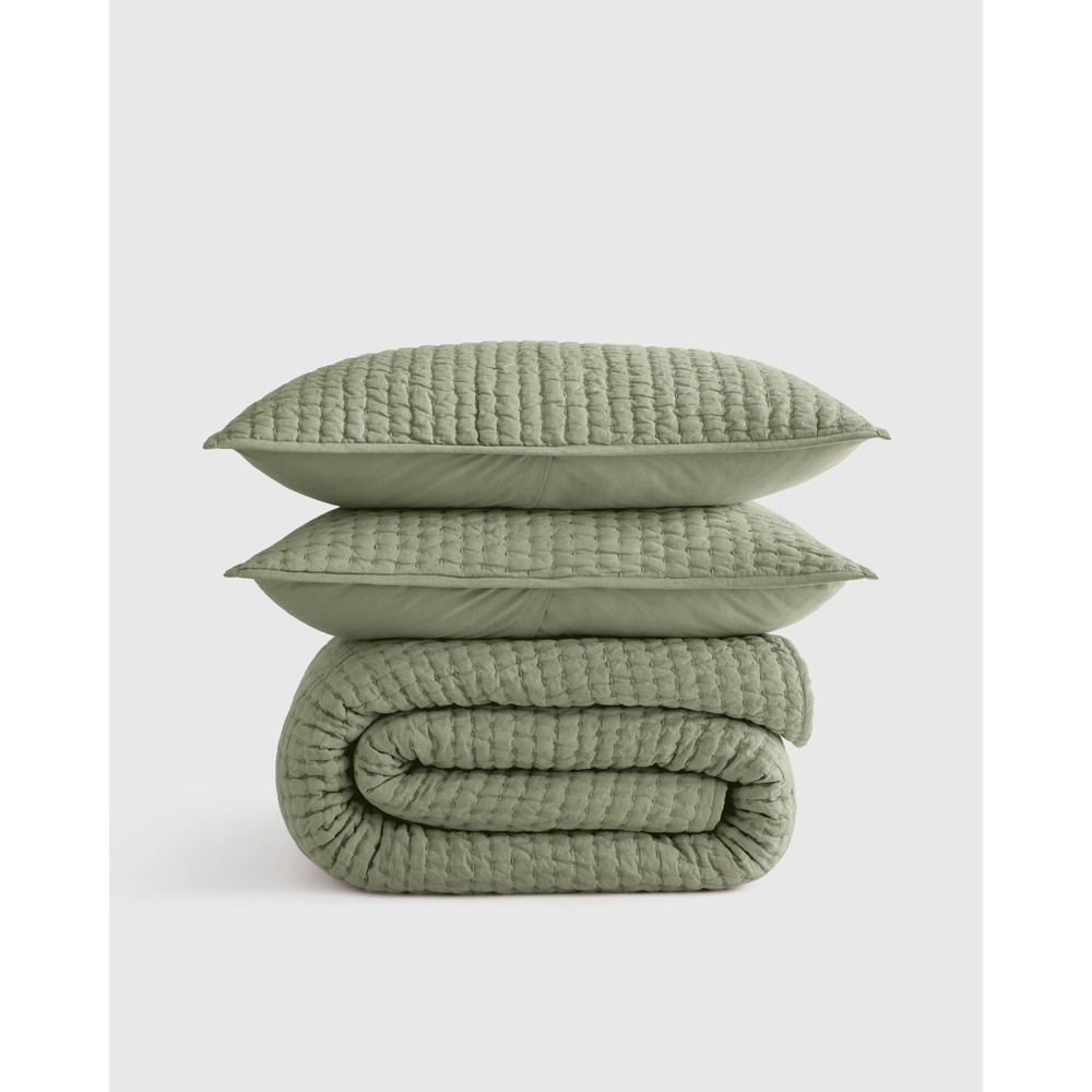 Quince Belgian Linen Cotton Quilt Set Twin Sage Green Pick Stitch Bedding 2pc
